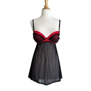 BEBE Sheer Black & Red Babydoll Nightie Chemise Lingerie Push-Up Dark Romantic M